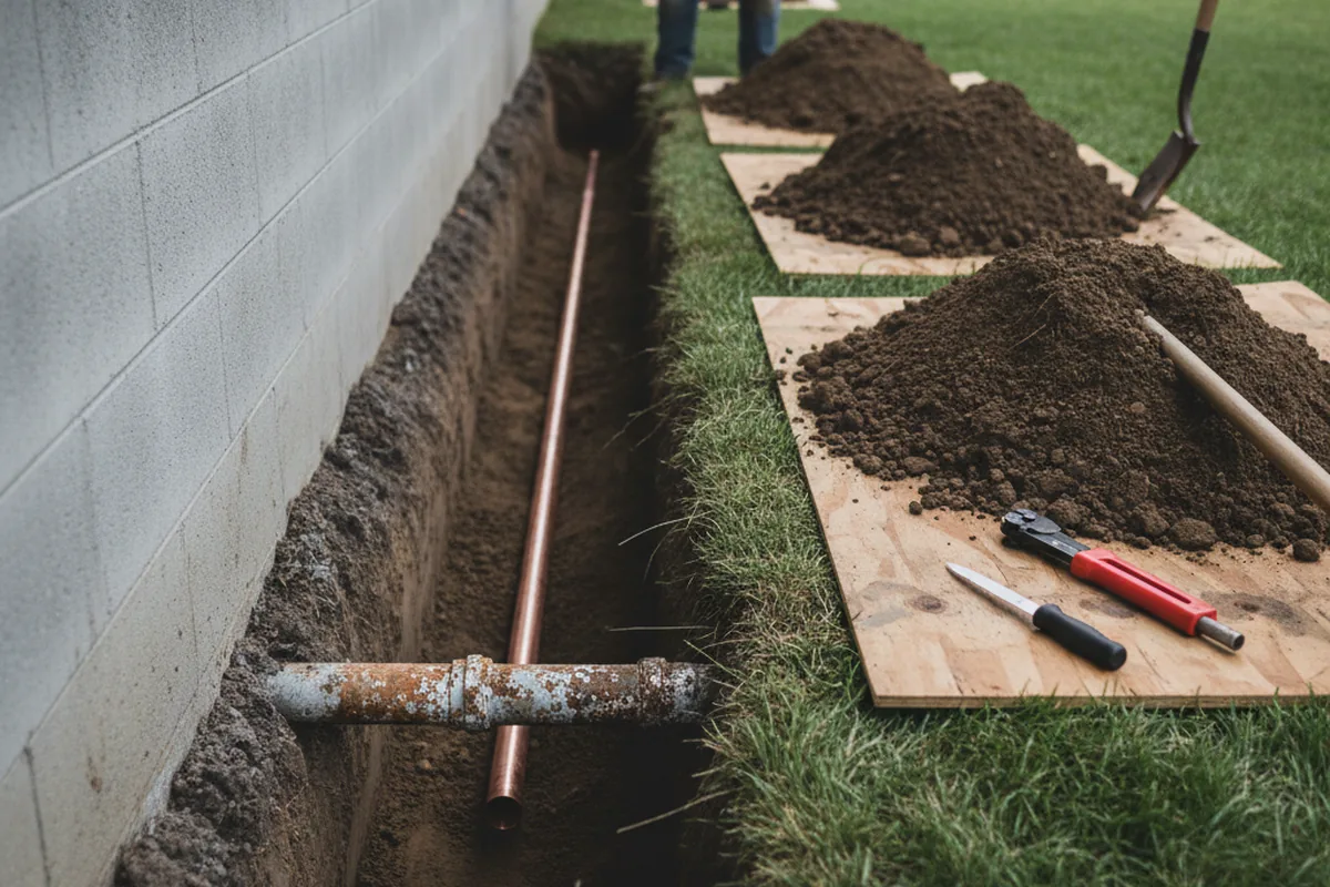 Excavated water line trench during Sewer Line Repair in Hartford